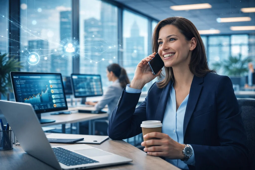 Commerciale souriante au téléphone dans un bureau
