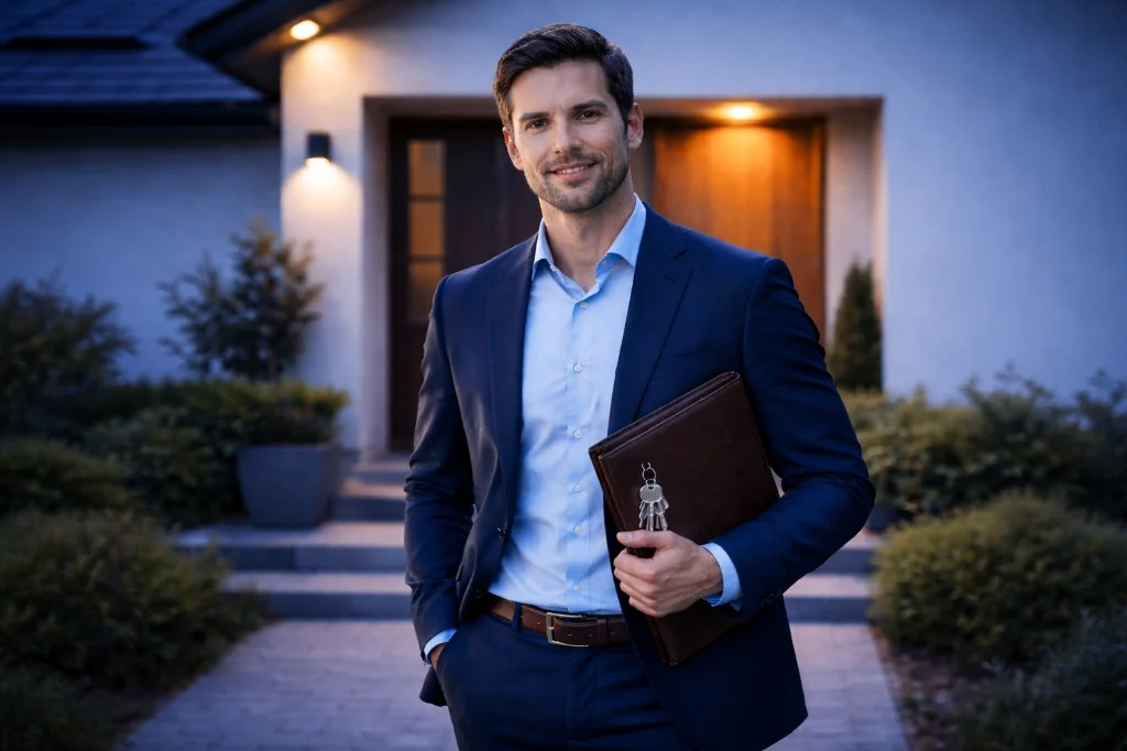 Courtier immobilier tenant des clés devant une maison
