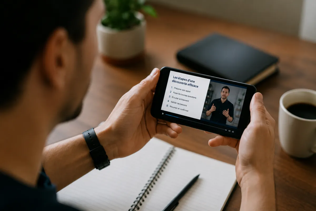Professionnel qui suit une formation vente en ligne sur son téléphone